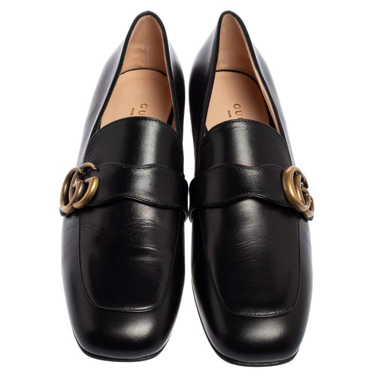 Pre Owned Gucci Black Leather GG Marmont Loafers Size 38.5
