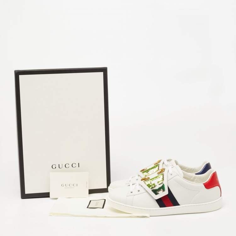 Pre Owned Gucci White Leather And Canvas Ace Sneakers Size 37