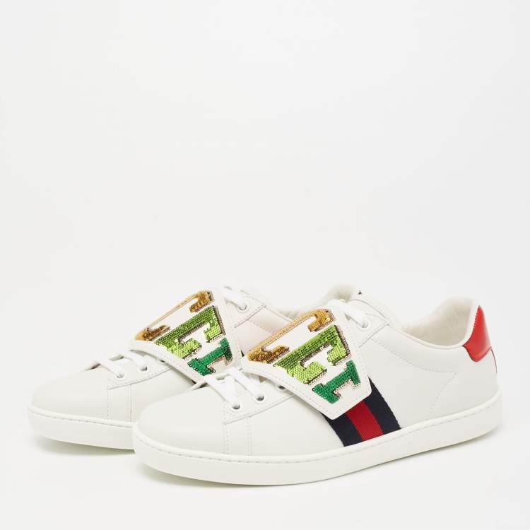 Pre Owned Gucci White Leather And Canvas Ace Sneakers Size 37