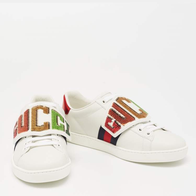 Pre Owned Gucci White Leather And Canvas Ace Sneakers Size 37