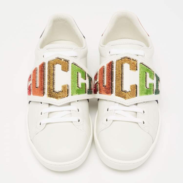 Pre Owned Gucci White Leather And Canvas Ace Sneakers Size 37