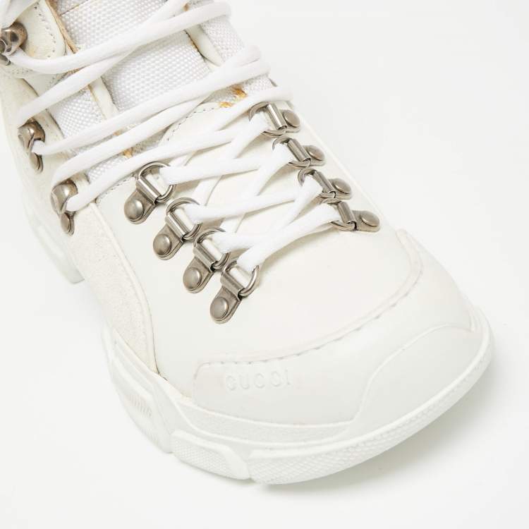 Pre Owned Gucci White Leather And Suede Flashtrek  High Top Sneakers Size 35