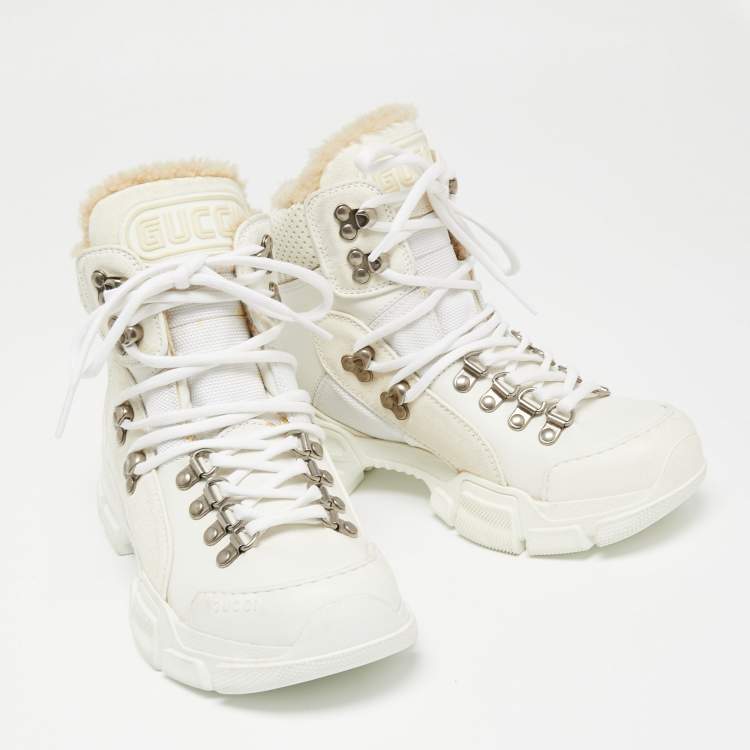 Pre Owned Gucci White Leather And Suede Flashtrek  High Top Sneakers Size 35