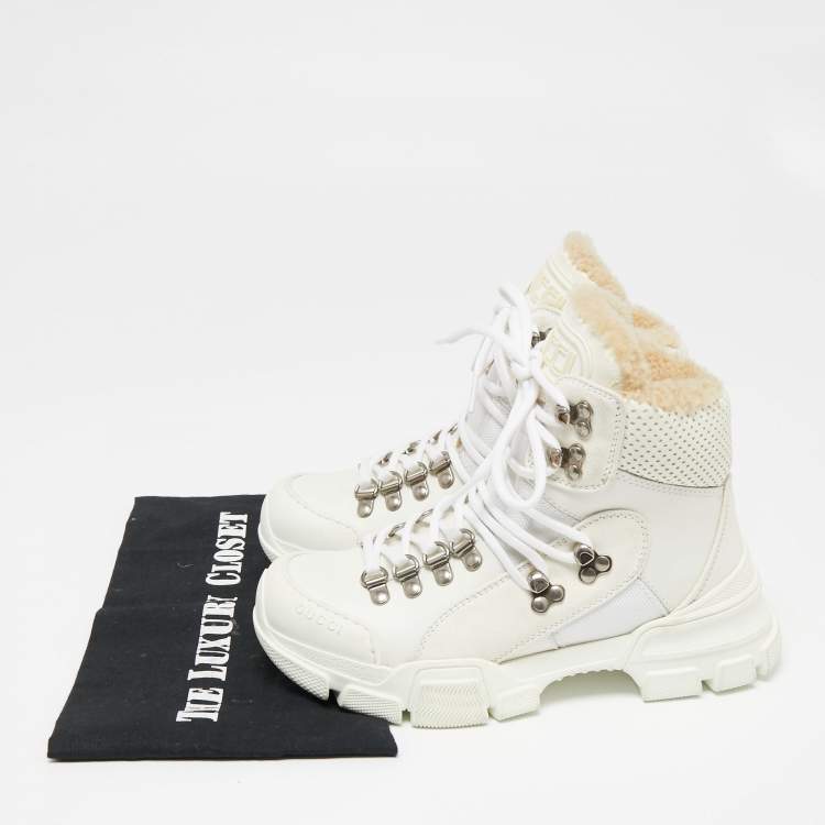 Pre Owned Gucci White Leather And Suede Flashtrek  High Top Sneakers Size 35