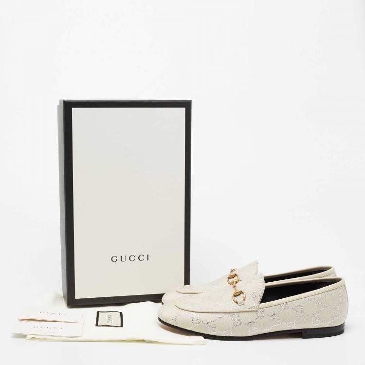 Pre Owned Gucci Off White/Silver GG Woven Lamé And Fabric Jordaan Horsebit Slip On Loafers Size 40 
