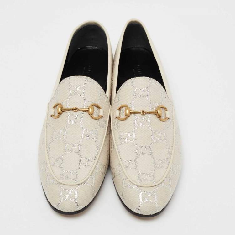 Pre Owned Gucci Off White/Silver GG Woven Lamé And Fabric Jordaan Horsebit Slip On Loafers Size 40 