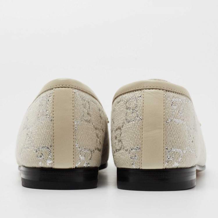 Pre Owned Gucci Off White/Silver GG Woven Lamé And Fabric Jordaan Horsebit Slip On Loafers Size 40 