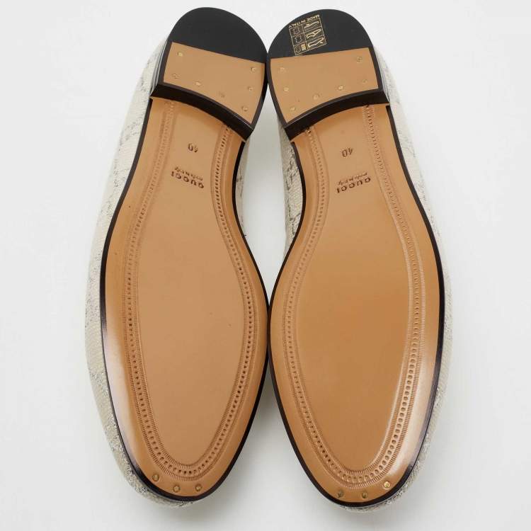 Pre Owned Gucci Off White/Silver GG Woven Lamé And Fabric Jordaan Horsebit Slip On Loafers Size 40 