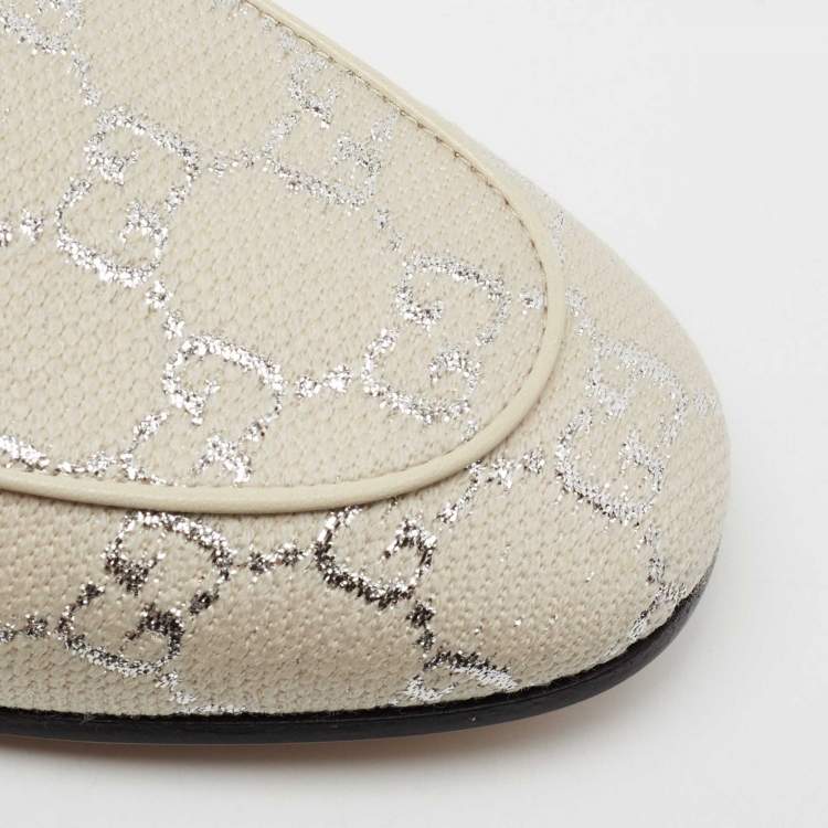 Pre Owned Gucci Off White/Silver GG Woven Lamé And Fabric Jordaan Horsebit Slip On Loafers Size 40 