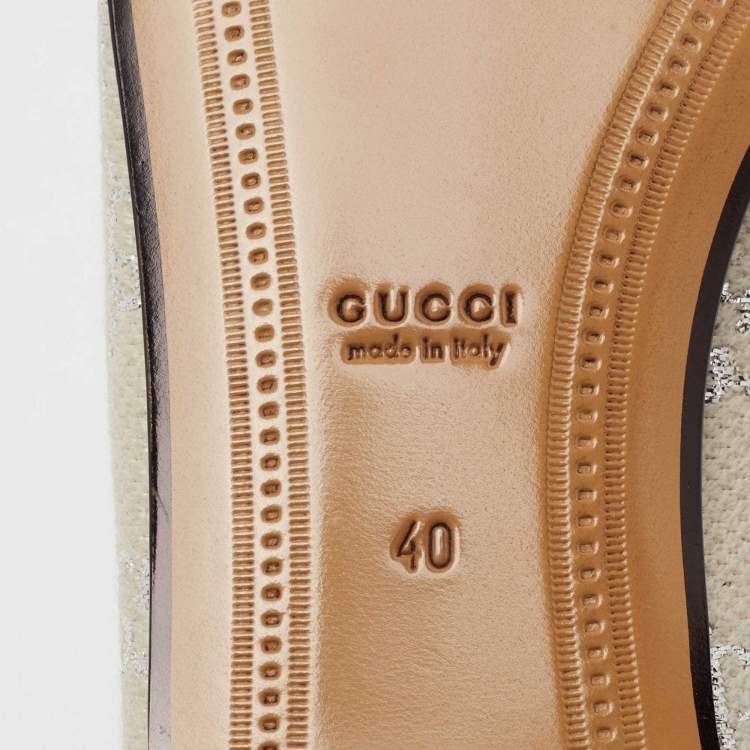 Pre Owned Gucci Off White/Silver GG Woven Lamé And Fabric Jordaan Horsebit Slip On Loafers Size 40 