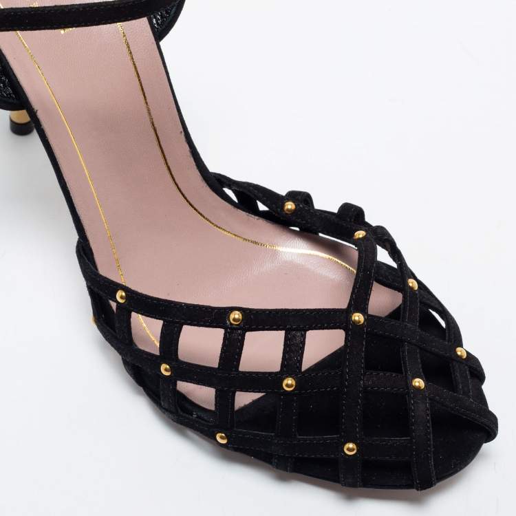 Pre Owned Gucci Black Suede Studded Caged Peep Toe Ankle Strap Sandals Size 38