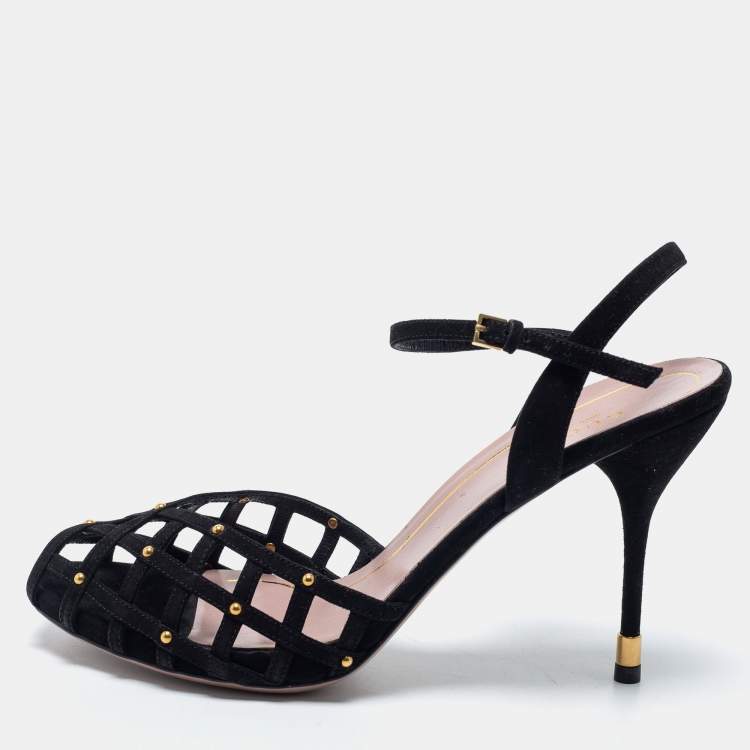 Pre Owned Gucci Black Suede Studded Caged Peep Toe Ankle Strap Sandals Size 38
