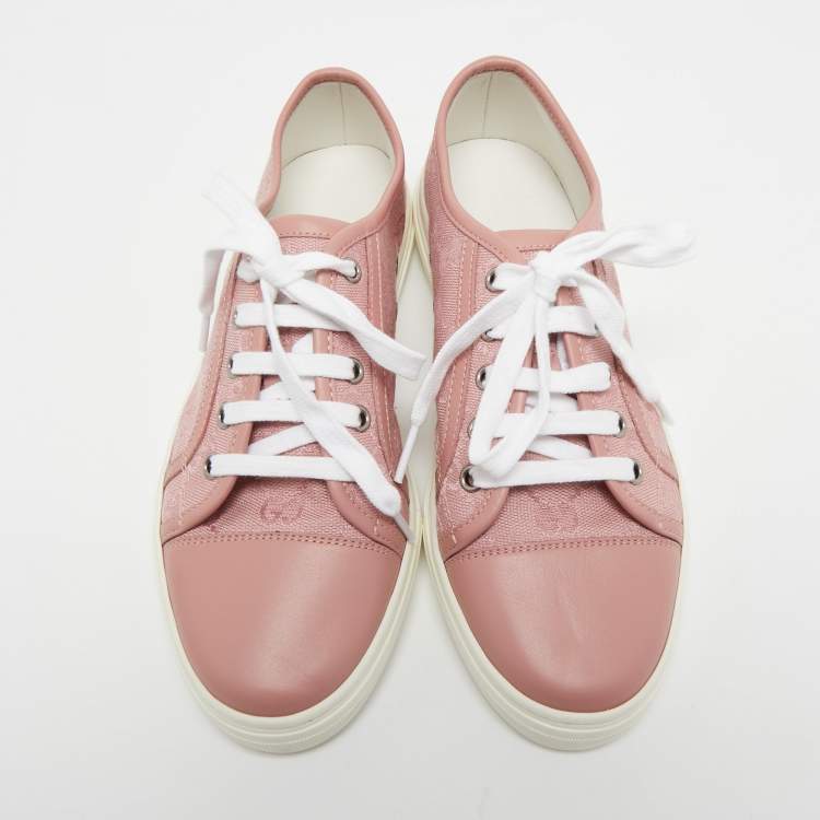 Pre Owned Gucci Pink GG Canvas and Leather Cap Toe Low Top Sneakers Size 37.5