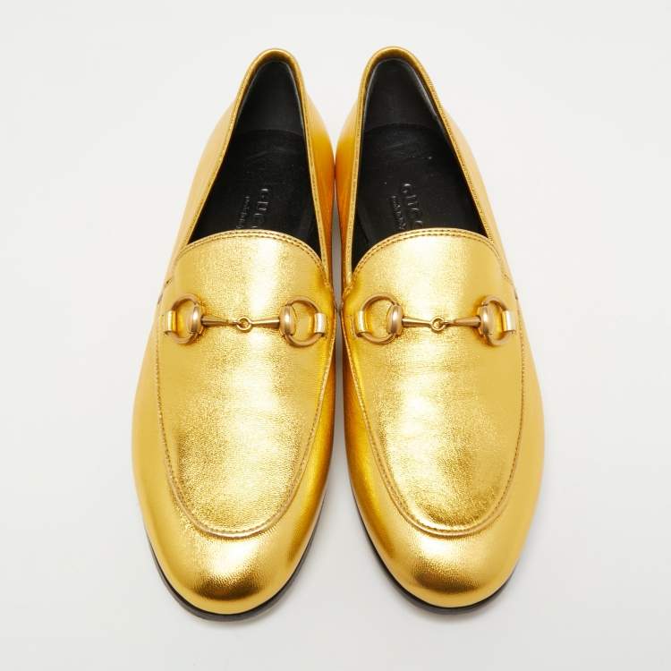 Pre Owned Gucci Gold Leather Hosrsebit Jordaan Loafers Size 35 