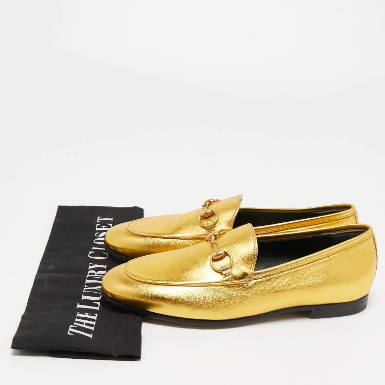 Pre Owned Gucci Gold Leather Hosrsebit Jordaan Loafers Size 35 