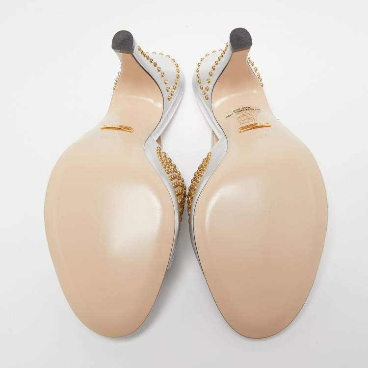 Pre Owned Gucci Silver Leather Studded Cone Slide Sandals Size 36.5 
