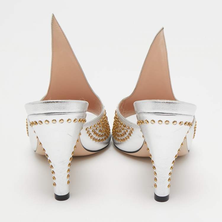 Pre Owned Gucci Silver Leather Studded Cone Slide Sandals Size 36.5 
