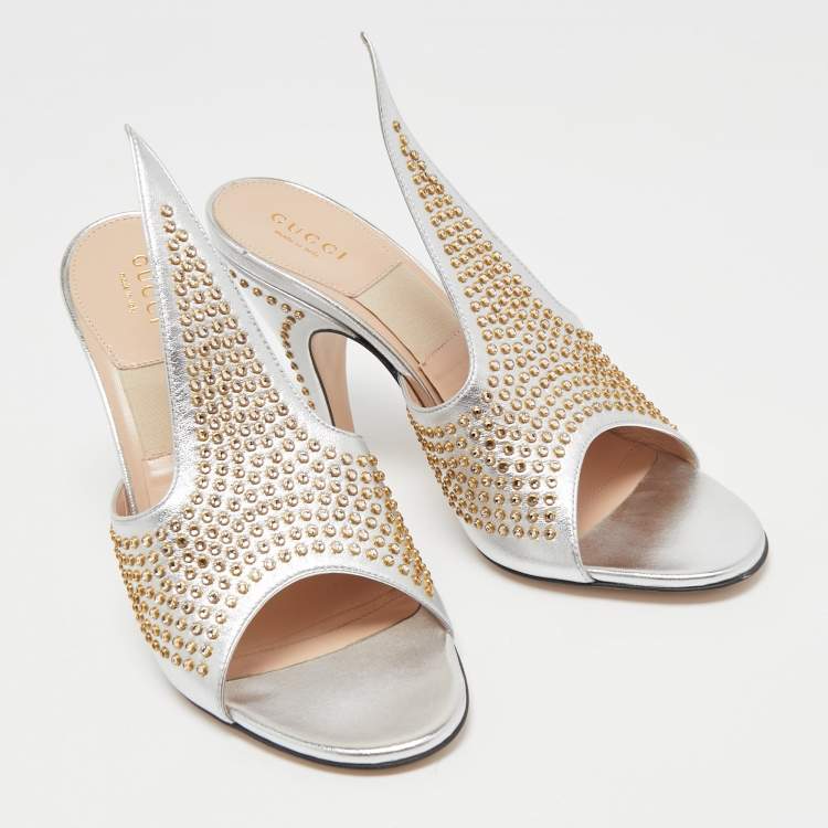 Pre Owned Gucci Silver Leather Studded Cone Slide Sandals Size 36.5 