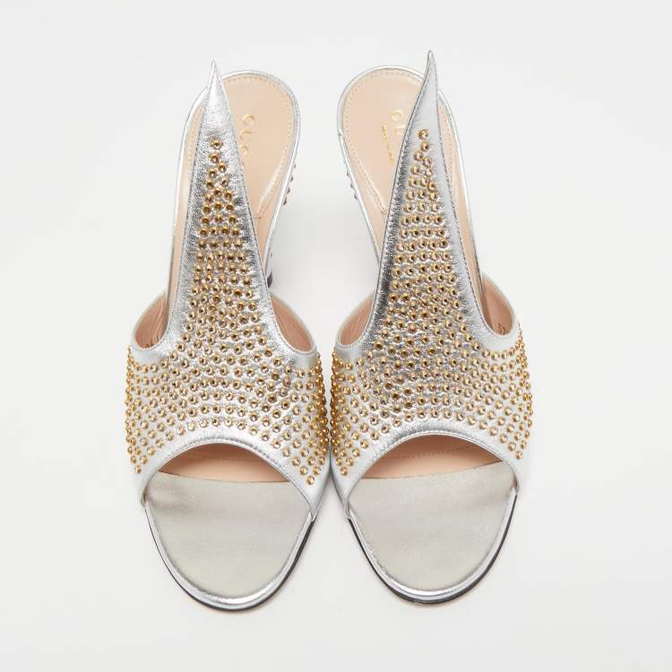 Pre Owned Gucci Silver Leather Studded Cone Slide Sandals Size 36.5 