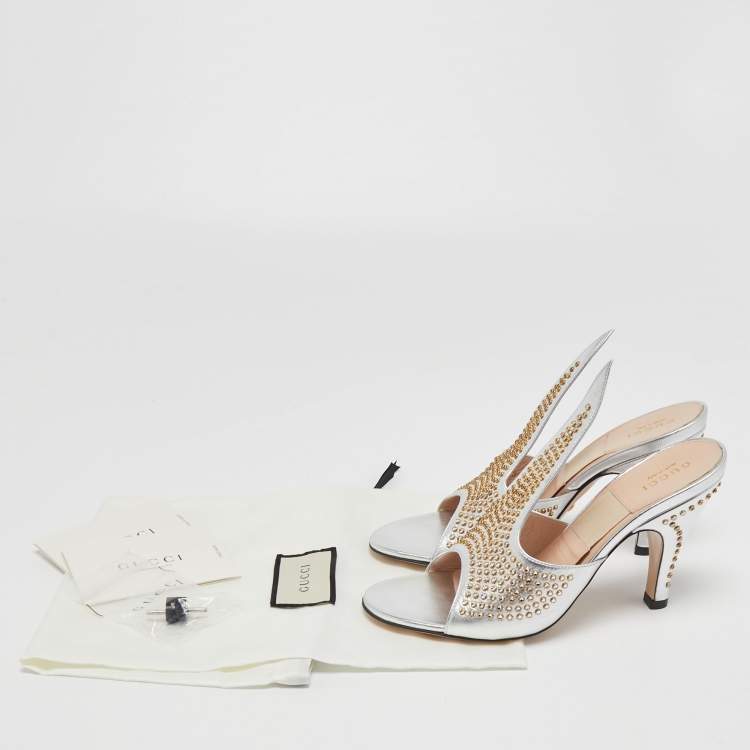 Pre Owned Gucci Silver Leather Studded Cone Slide Sandals Size 36.5 