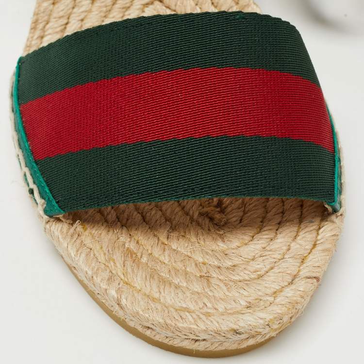 Pre Owned Gucci Multicolor Canvas Web Espadrille Wedge Ankle Wrap Sandals Size 38