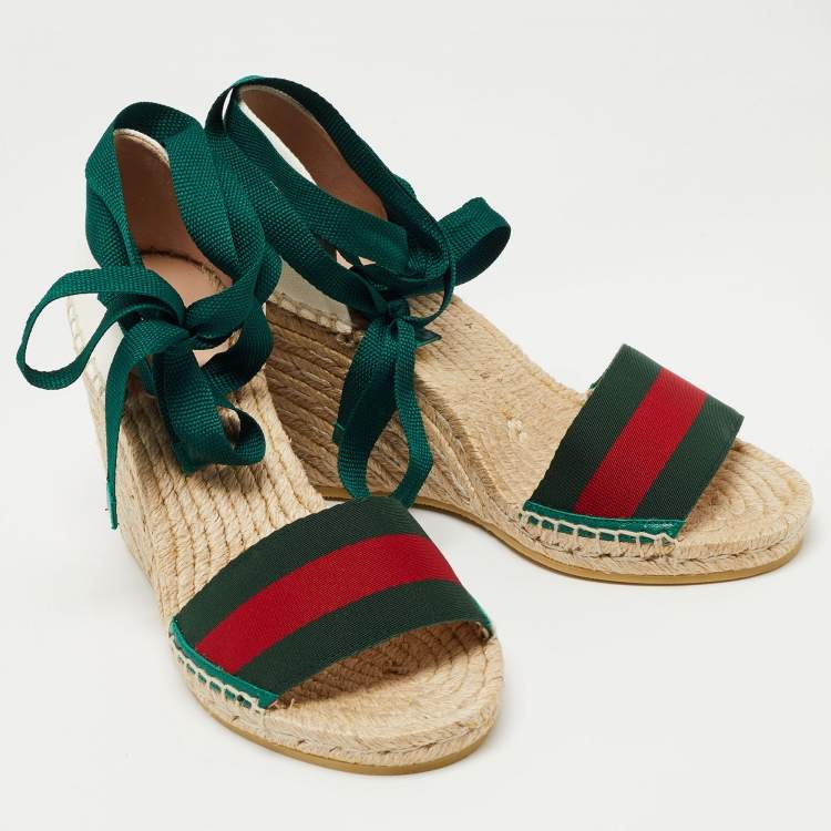 Pre Owned Gucci Multicolor Canvas Web Espadrille Wedge Ankle Wrap Sandals Size 38