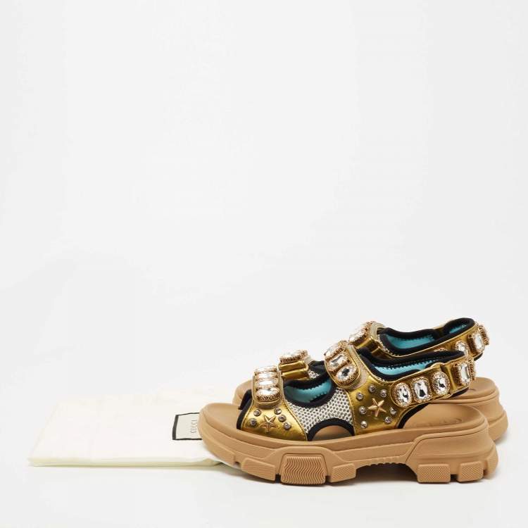 Pre Owned Gucci Multicolor Mesh and Leather Aguru Slingback Sandals Size 36.5
