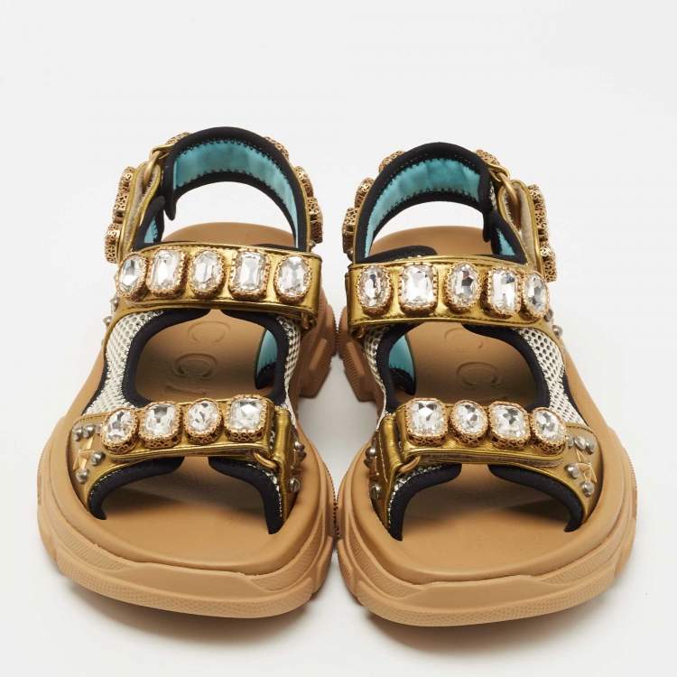 Pre Owned Gucci Multicolor Mesh and Leather Aguru Slingback Sandals Size 36.5
