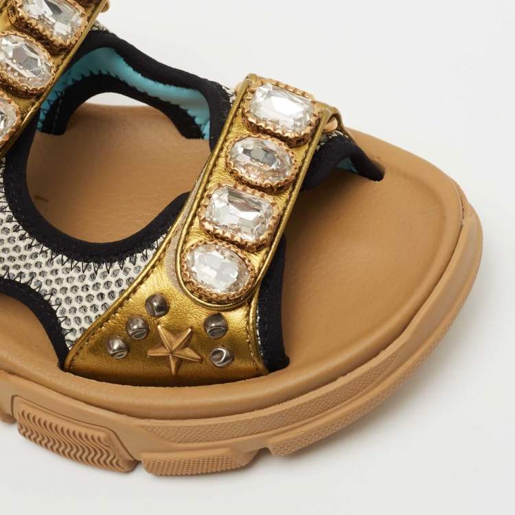 Pre Owned Gucci Multicolor Mesh and Leather Aguru Slingback Sandals Size 36.5