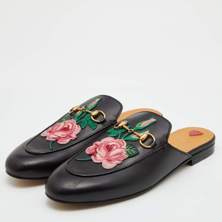 lineal Kejser Flock Gucci Black Leather Floral Embroidered Princetown Horsebit Flat Mules Size  39.5 Gucci | TLC