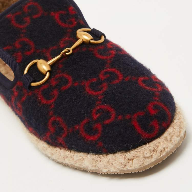 Pre Owned Gucci Navy Blue/Red GG Felt Horsebit Fria Espadrille Flats Size 37.5