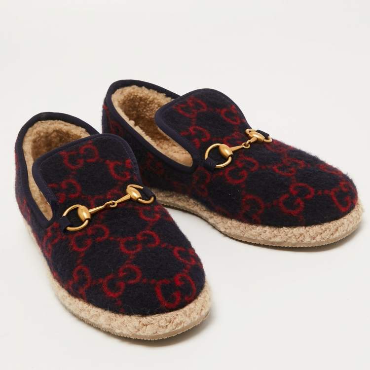 Pre Owned Gucci Navy Blue/Red GG Felt Horsebit Fria Espadrille Flats Size 37.5