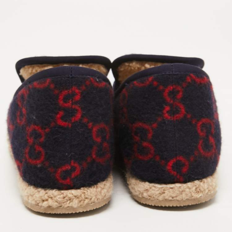 Pre Owned Gucci Navy Blue/Red GG Felt Horsebit Fria Espadrille Flats Size 37.5