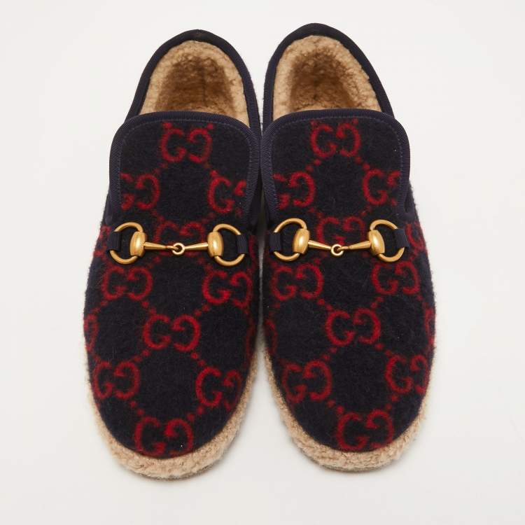 Pre Owned Gucci Navy Blue/Red GG Felt Horsebit Fria Espadrille Flats Size 37.5