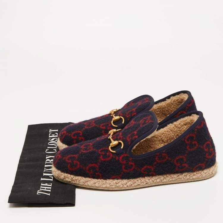 Pre Owned Gucci Navy Blue/Red GG Felt Horsebit Fria Espadrille Flats Size 37.5