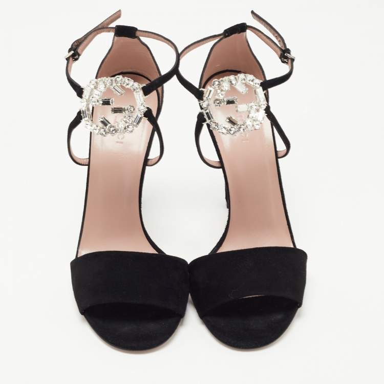 Pre Owned Gucci Black Suede Interlocking G Ankle Strap Sandals Size 40