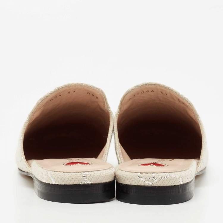 Pre Owned Gucci Grey/Silver Canvas Princetown Mules Size 37 