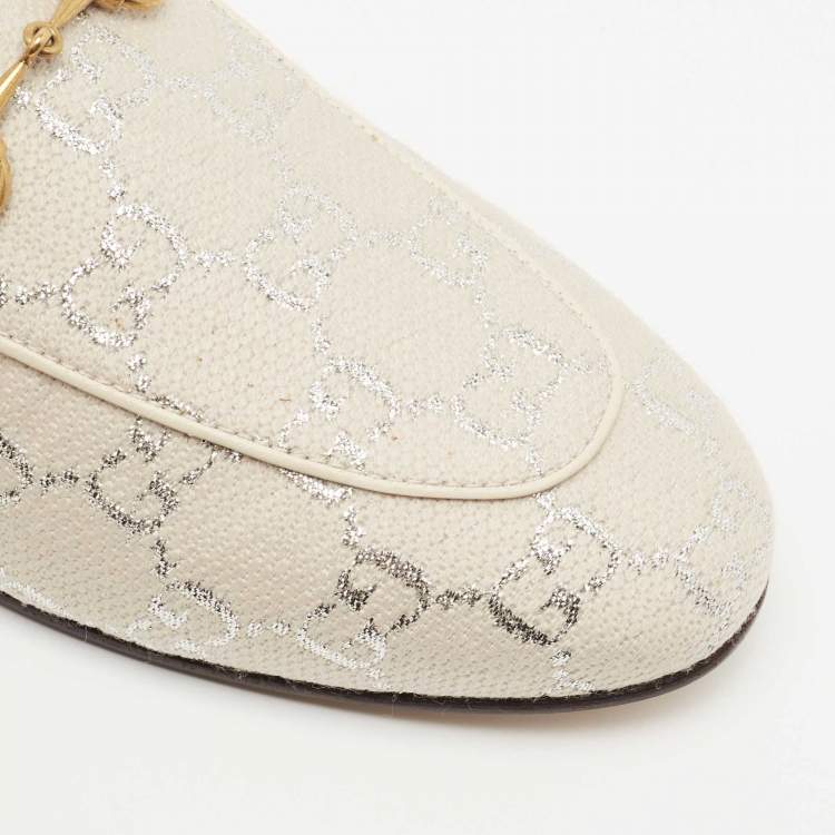 Pre Owned Gucci Grey/Silver Canvas Princetown Mules Size 37 
