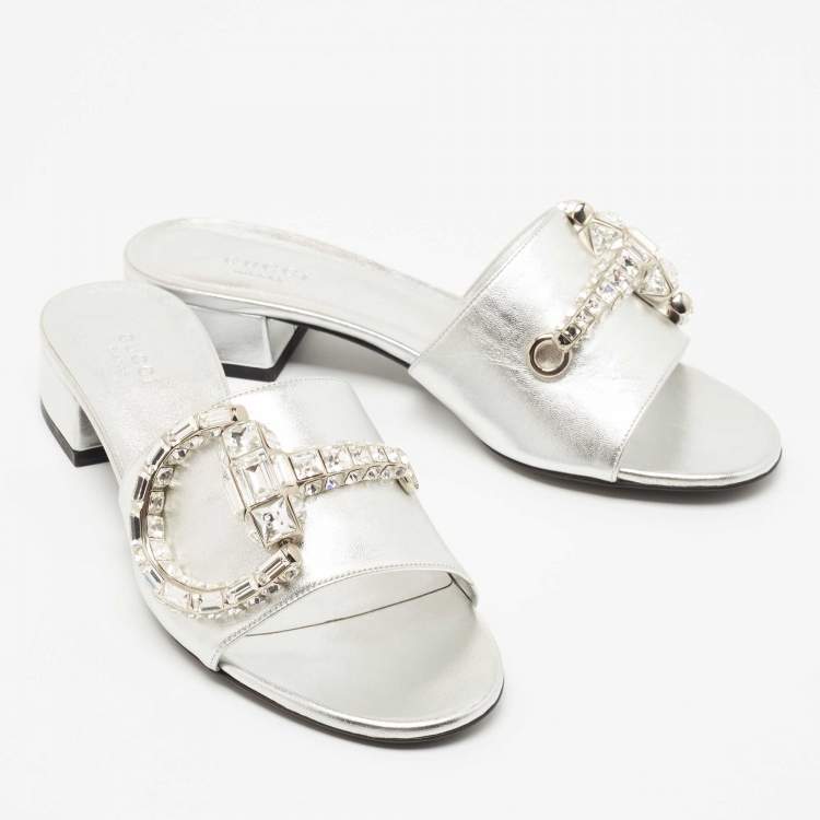 Pre Owned Gucci Silver Leather Crystal Embellished Maxime Slide Sandals Size 37.5