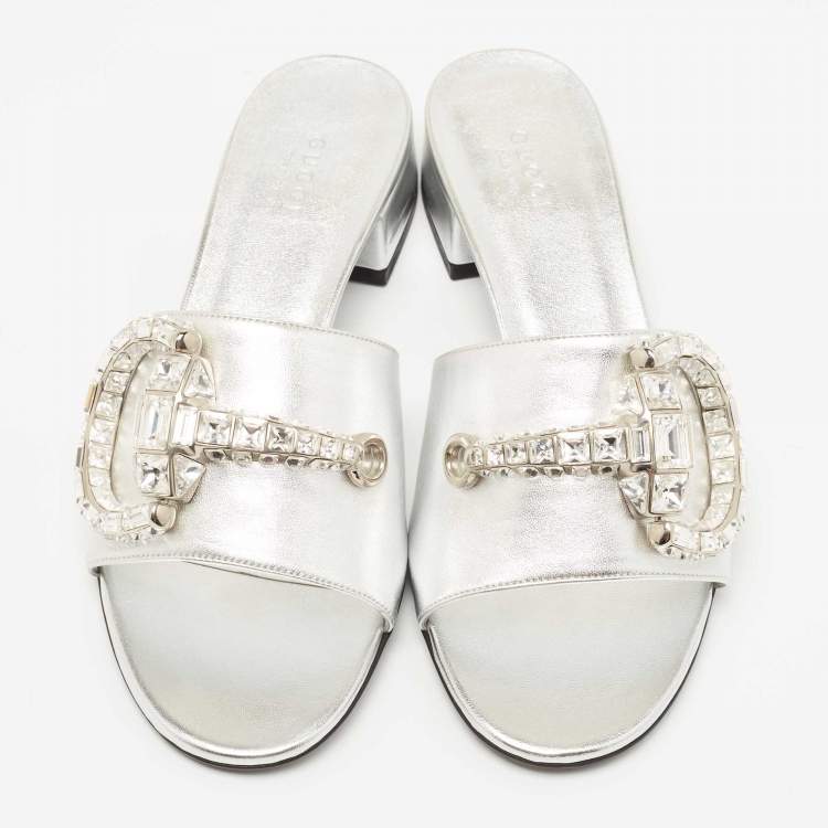 Pre Owned Gucci Silver Leather Crystal Embellished Maxime Slide Sandals Size 37.5