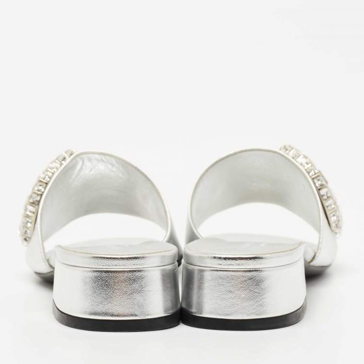 Pre Owned Gucci Silver Leather Crystal Embellished Maxime Slide Sandals Size 37.5