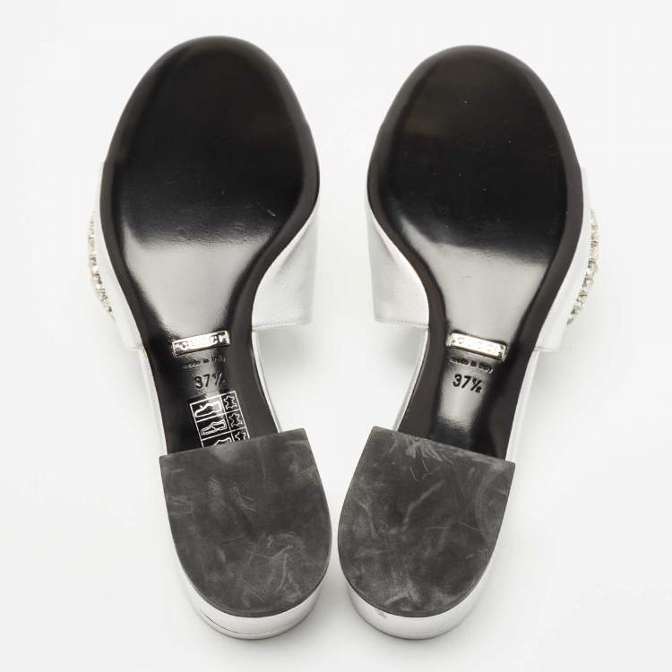 Pre Owned Gucci Silver Leather Crystal Embellished Maxime Slide Sandals Size 37.5