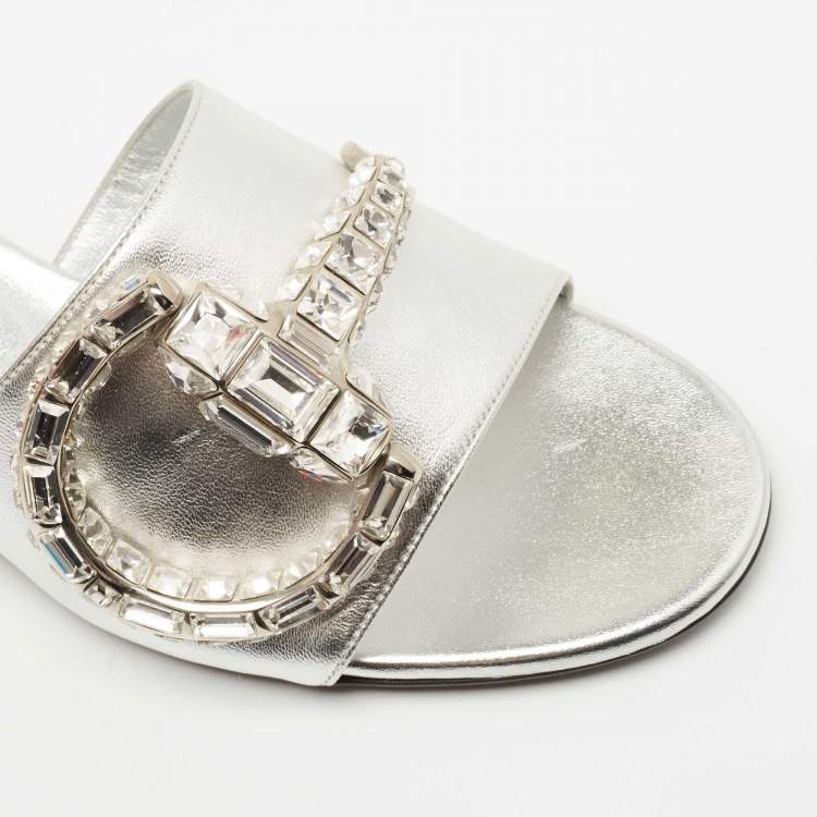 Pre Owned Gucci Silver Leather Crystal Embellished Maxime Slide Sandals Size 37.5