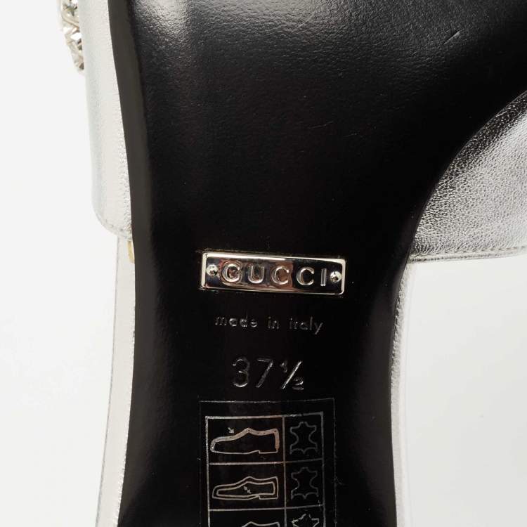 Pre Owned Gucci Silver Leather Crystal Embellished Maxime Slide Sandals Size 37.5