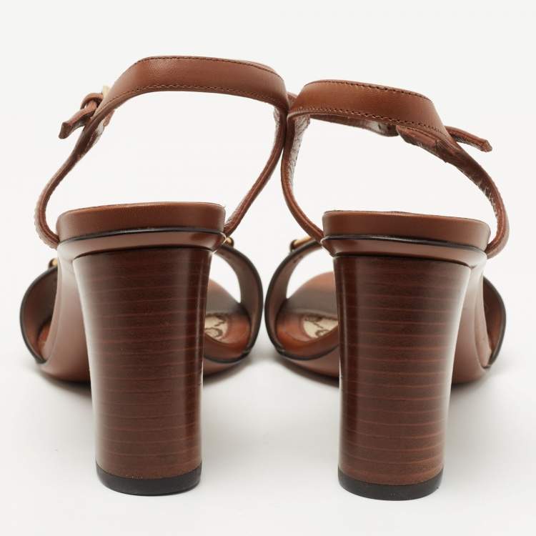 Pre Owned Gucci Brown Leather Horsebit Ankle Strap Sandals Size 34