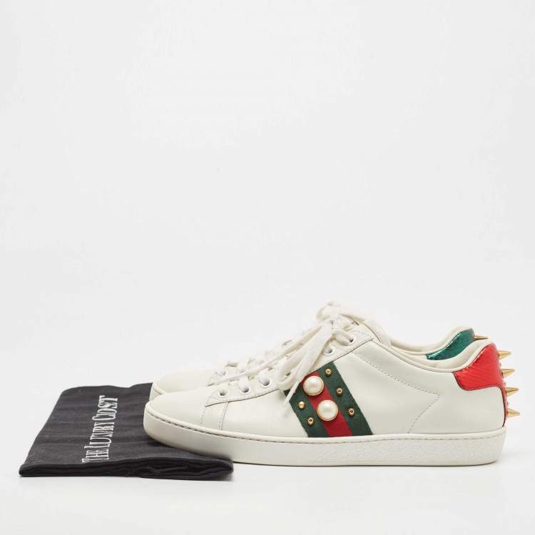 Pre Owned Gucci White Leather Ace Web Faux Pearl Embellished Low Top Sneakers Size 37