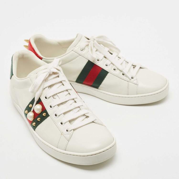 Pre Owned Gucci White Leather Ace Web Faux Pearl Embellished Low Top Sneakers Size 37