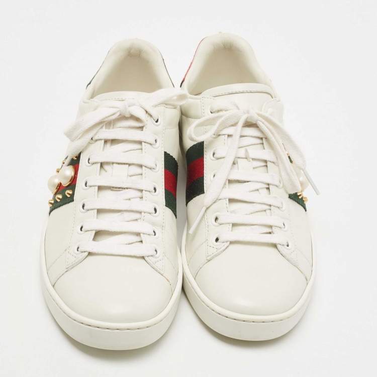Pre Owned Gucci White Leather Ace Web Faux Pearl Embellished Low Top Sneakers Size 37