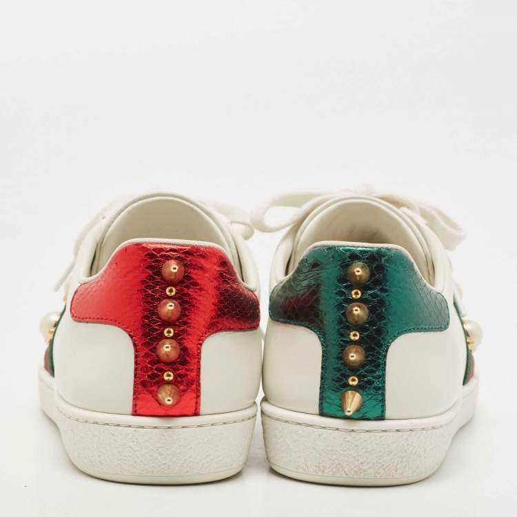 Pre Owned Gucci White Leather Ace Web Faux Pearl Embellished Low Top Sneakers Size 37