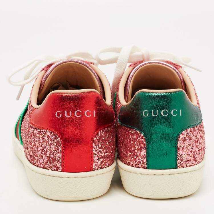 Pre Owned Gucci Pink Glitter Ace Low Top Sneakers Size 37